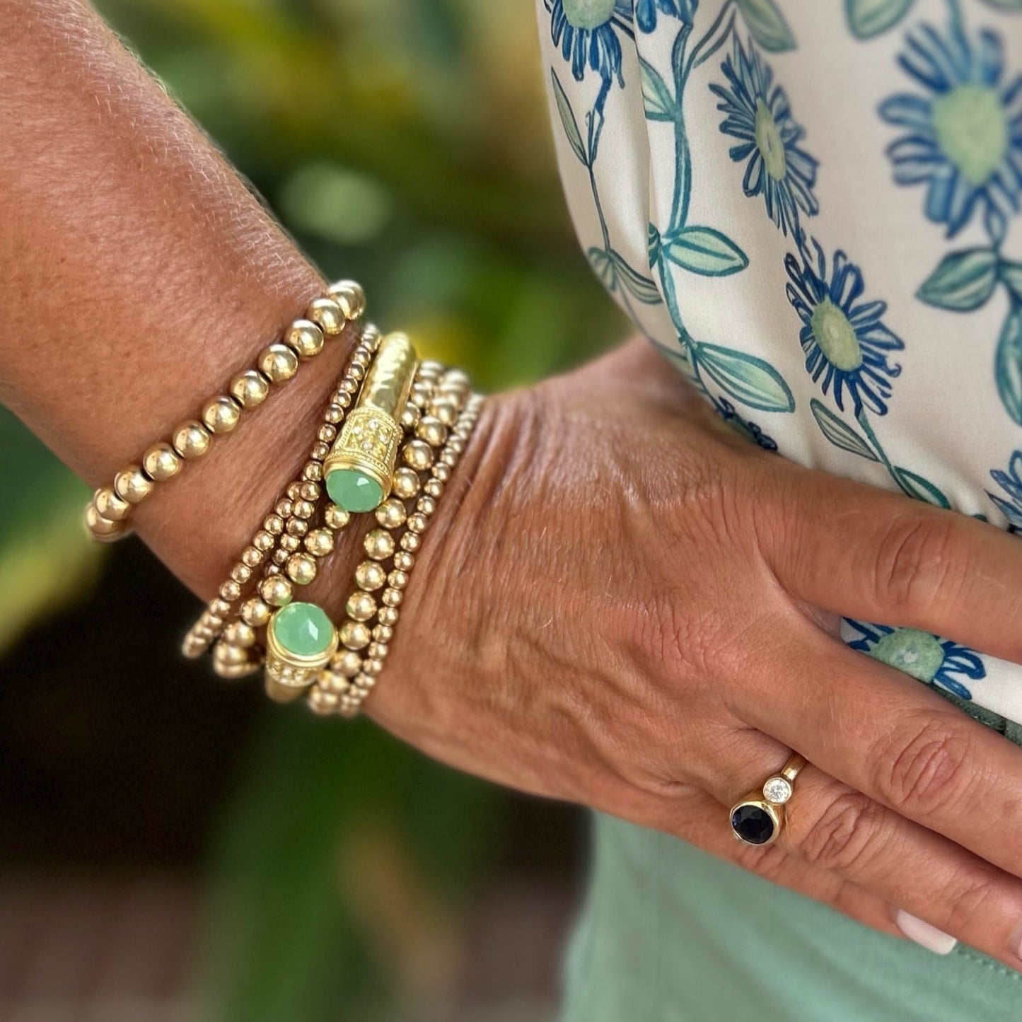 Gold Cuff Bracelet with Mint Green Accents