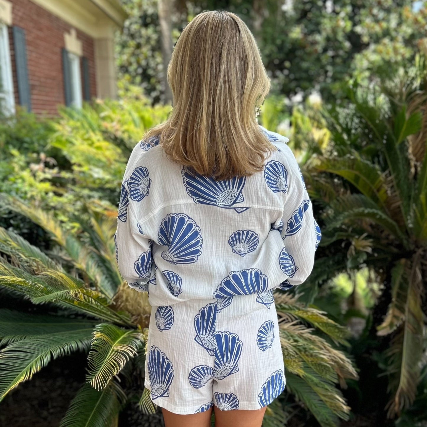 Tori Top & Short Set | White & Blue Sea Shell Print