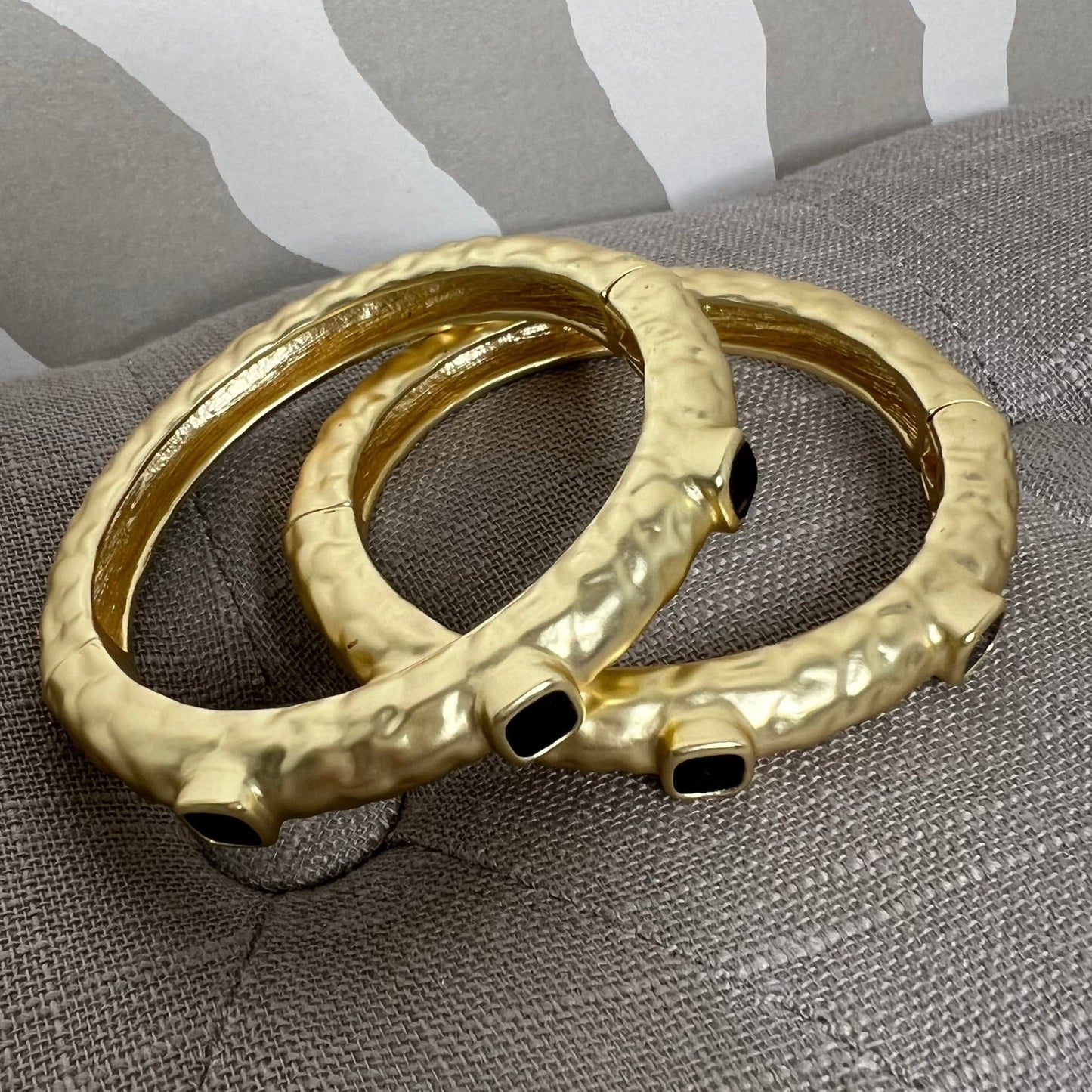 Gold Bangle with 3 Black Stones