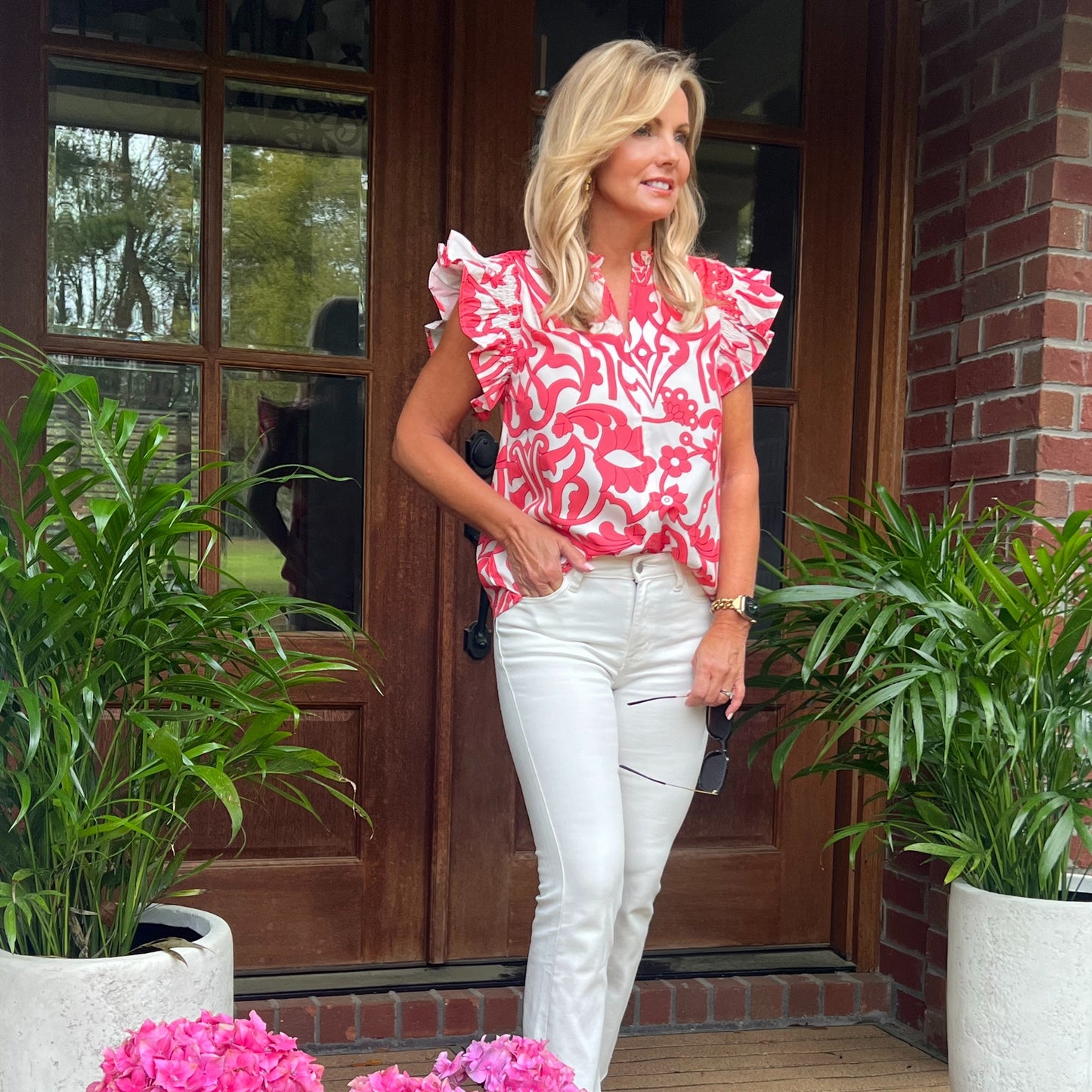 Kayla Smocked Sleeve Whimsical Top | Coral