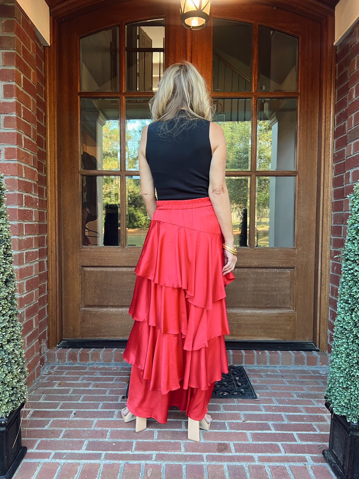Caroline Satin Ruffle Maxi Skirt | Red