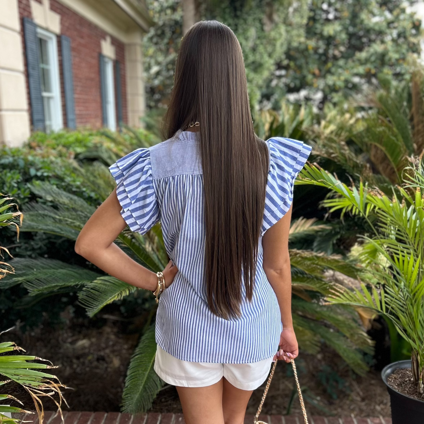 Becca Striped Ruffle Sleeve Top | Blue