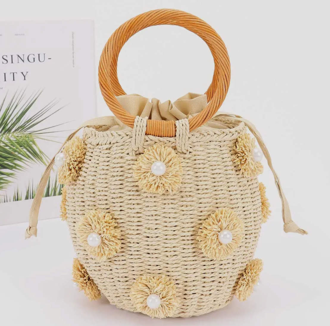 Handmade Faux Straw Handle Bucket Bag | Ivory