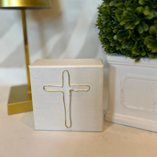 Metallic Textured Cross Canvas Art | Pearl White