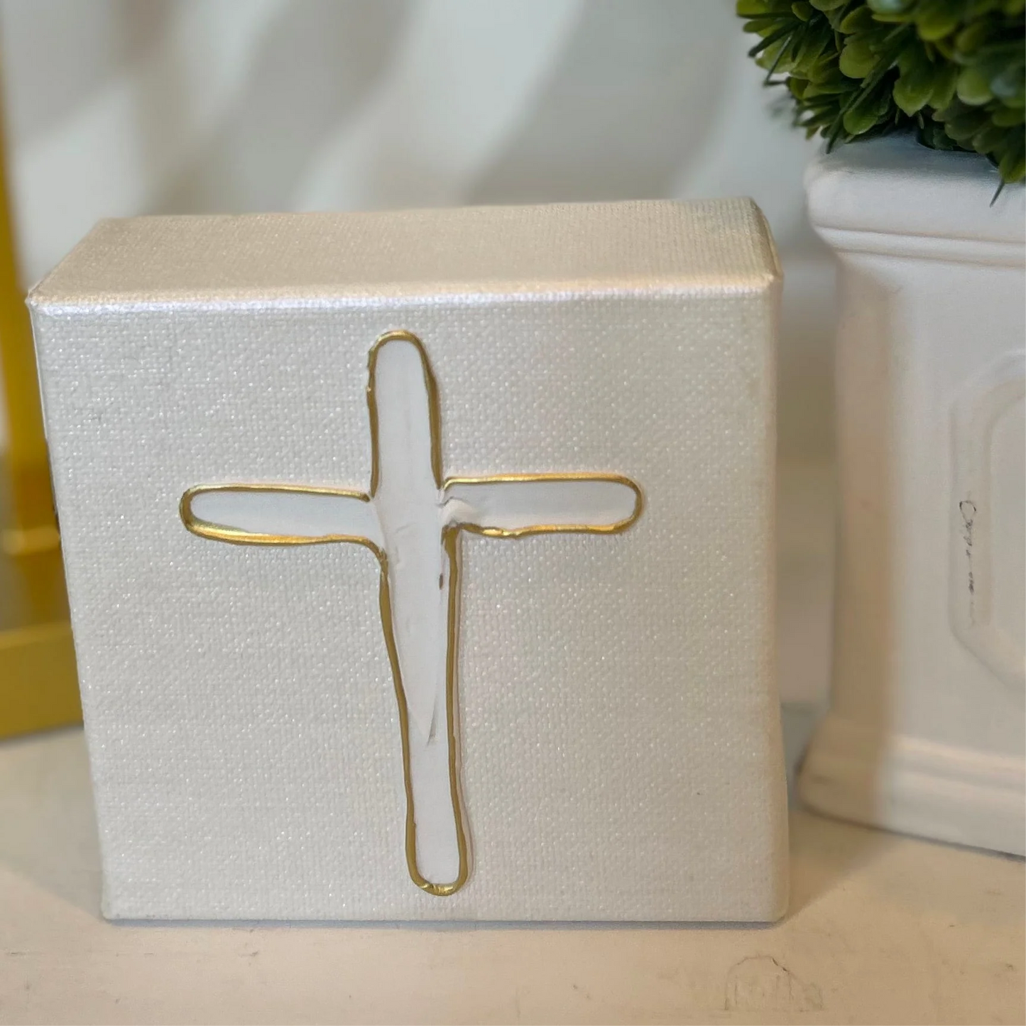 Metallic Textured Cross Canvas Art | Pearl White