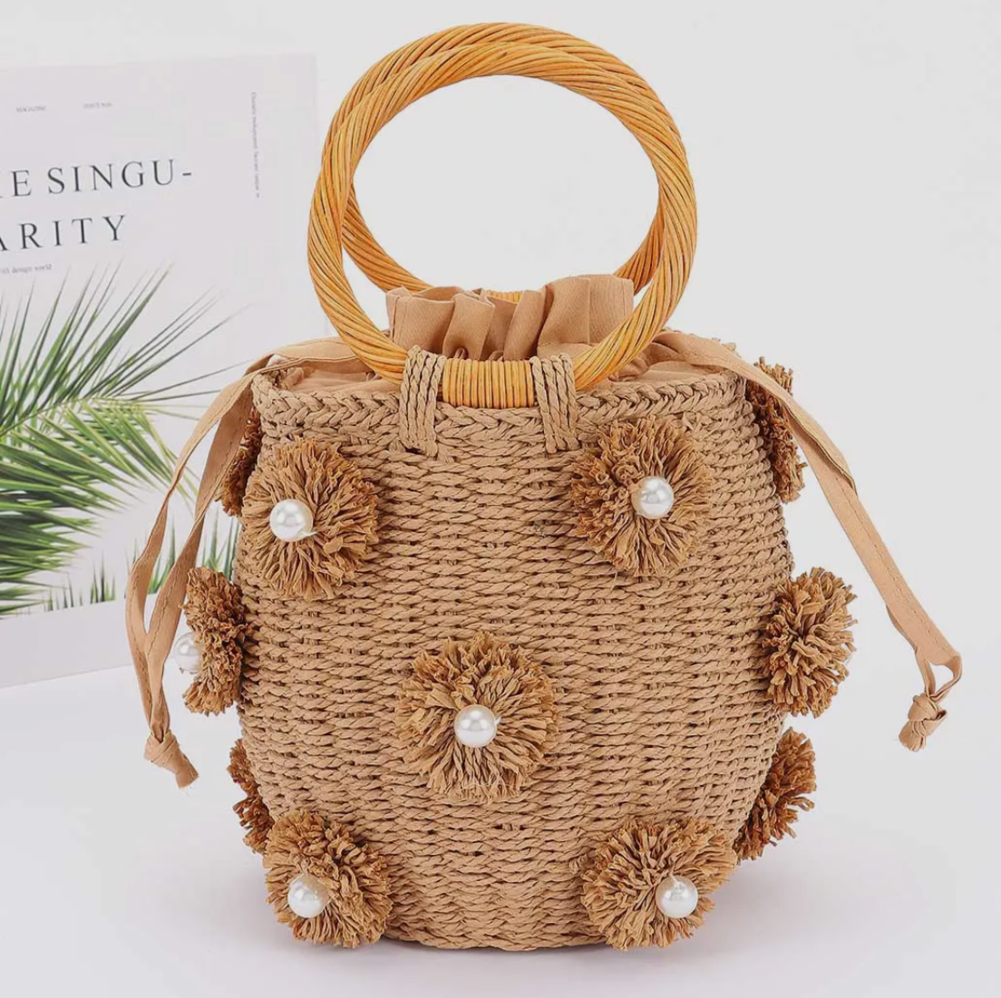 Handmade Faux Straw Handle Bucket Bag | Khaki
