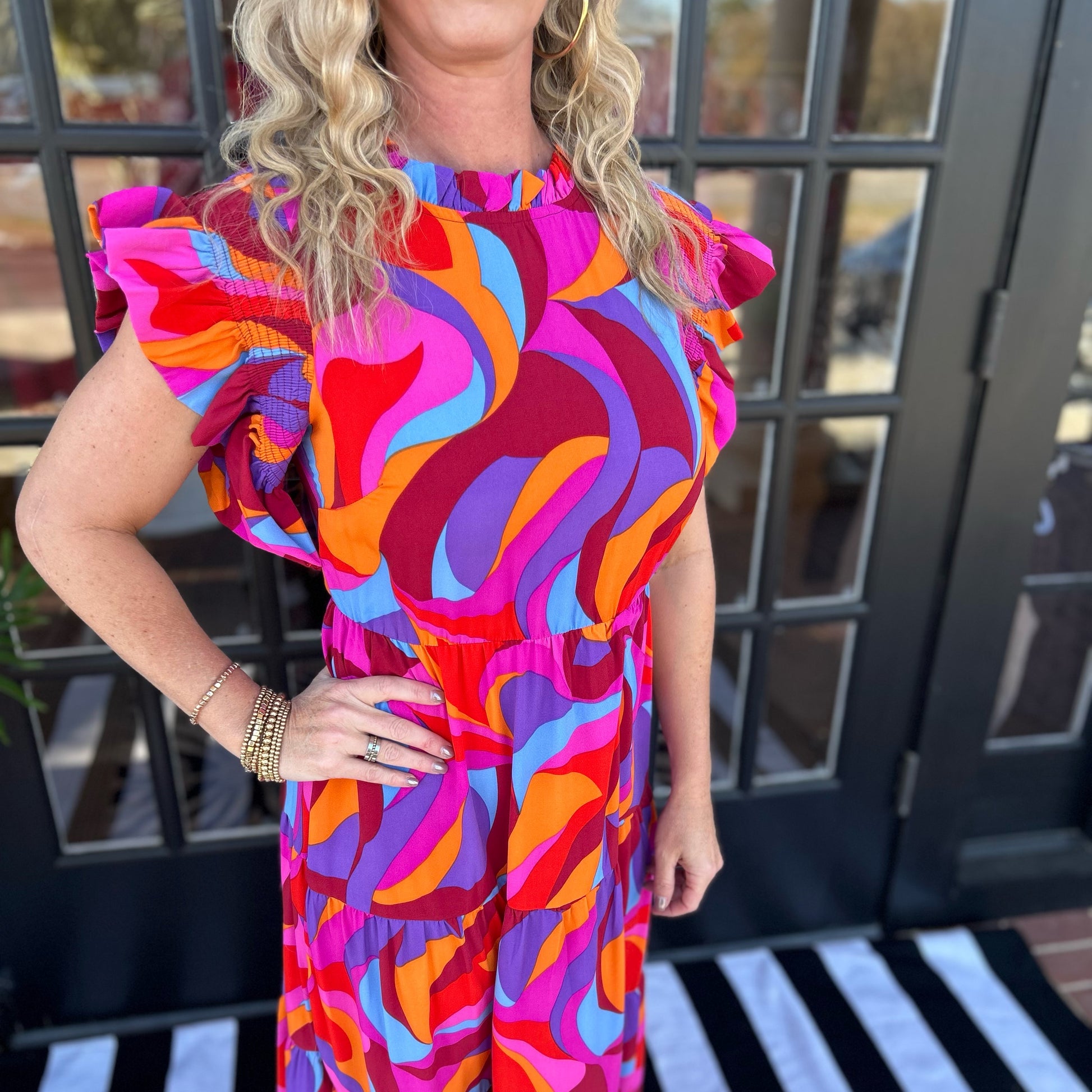 pink abstract maxi dress boohoo Women's Blurred Abstract Bardot Maxi Dress