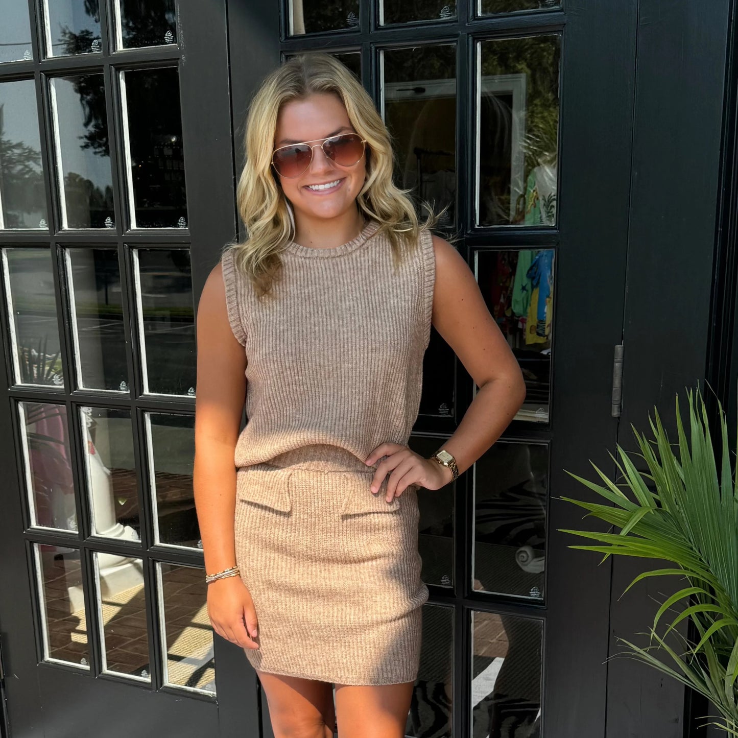 Avery Ribbed Sweater Vest and Skirt Set | Tan