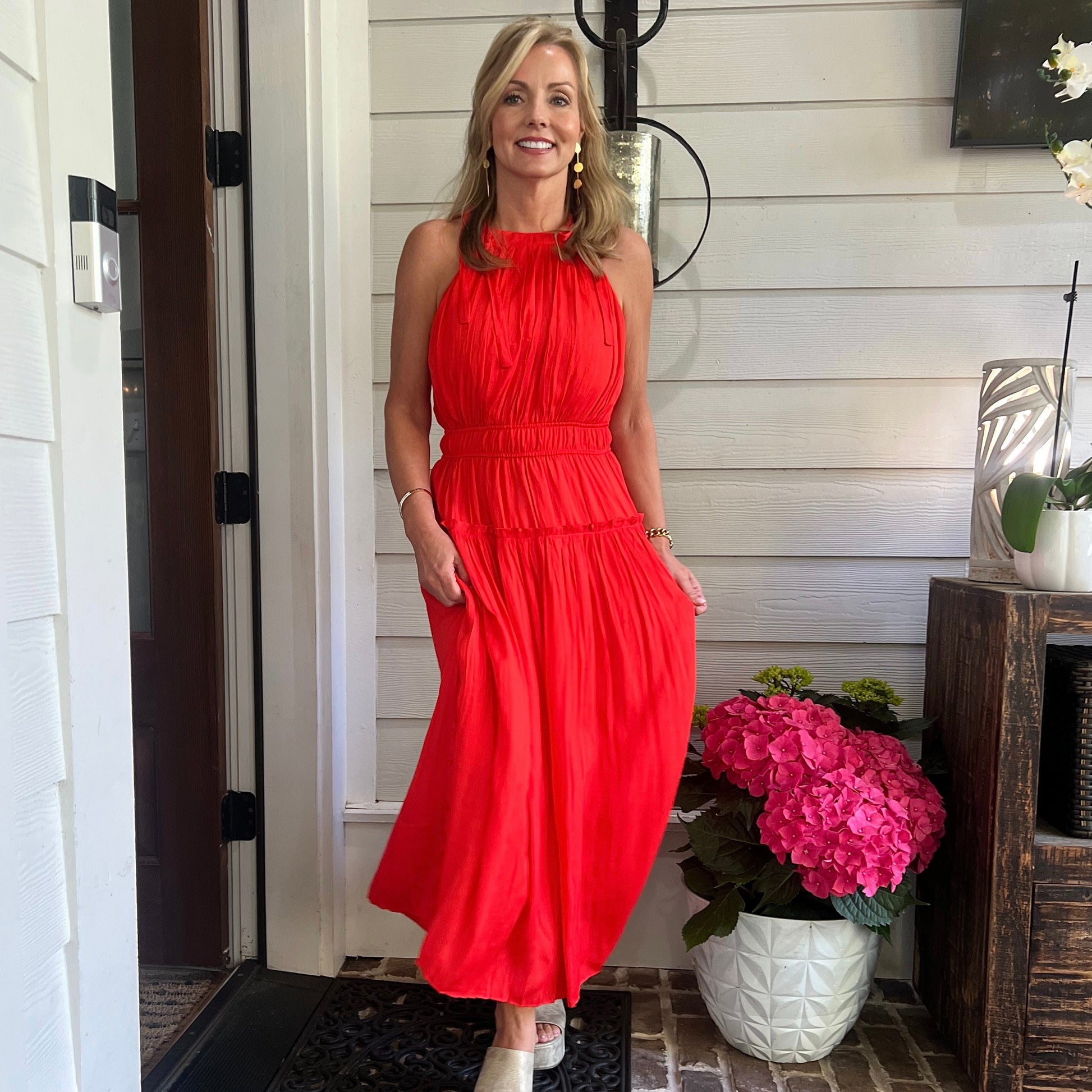 Larkin Halter Midi Dress | Coral Red Angela James Lifestyle Boutique, LLC Larkin Halter Midi Dress | Coral Red Angela James Lifestyle Boutique, LLC