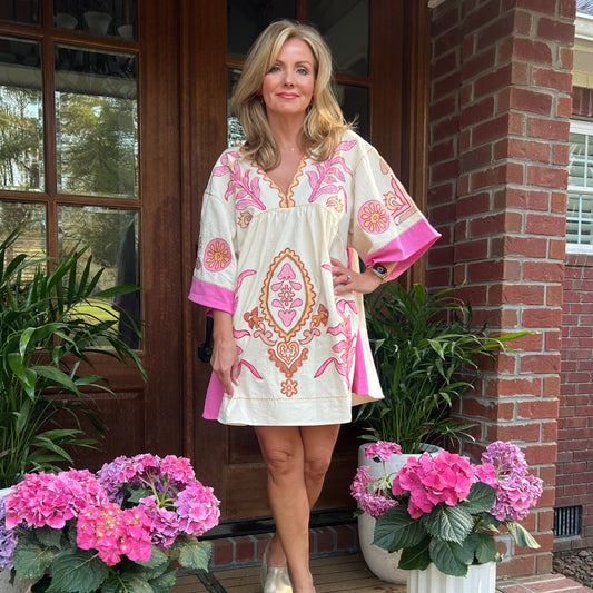 Daisy Long Sleeve Embroidery Dress | Cream with Hot Pink Trim