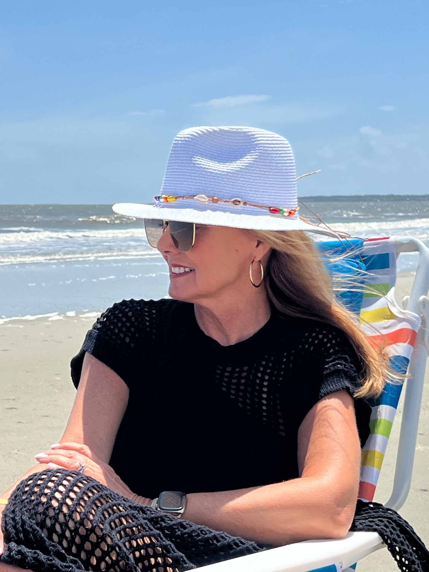 Camille Beach Hat | White with Beads and Shell Band