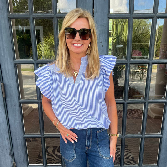 Brooke Striped Ruffle Sleeve Top | Blue