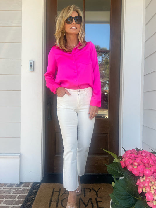 Leanna Long Sleeve Satin Blouse | Hot Pink