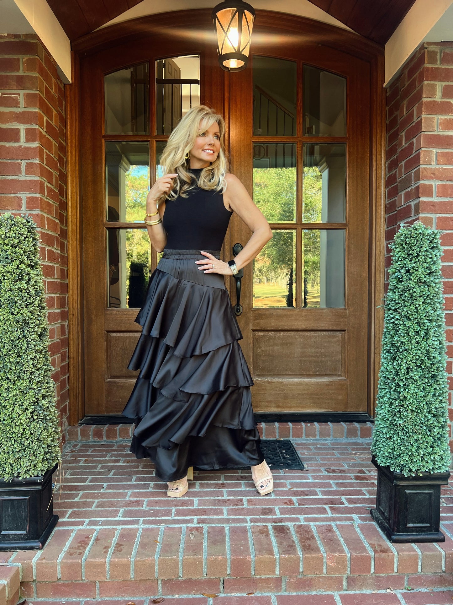 Caroline Satin Ruffle Maxi Skirt | Black