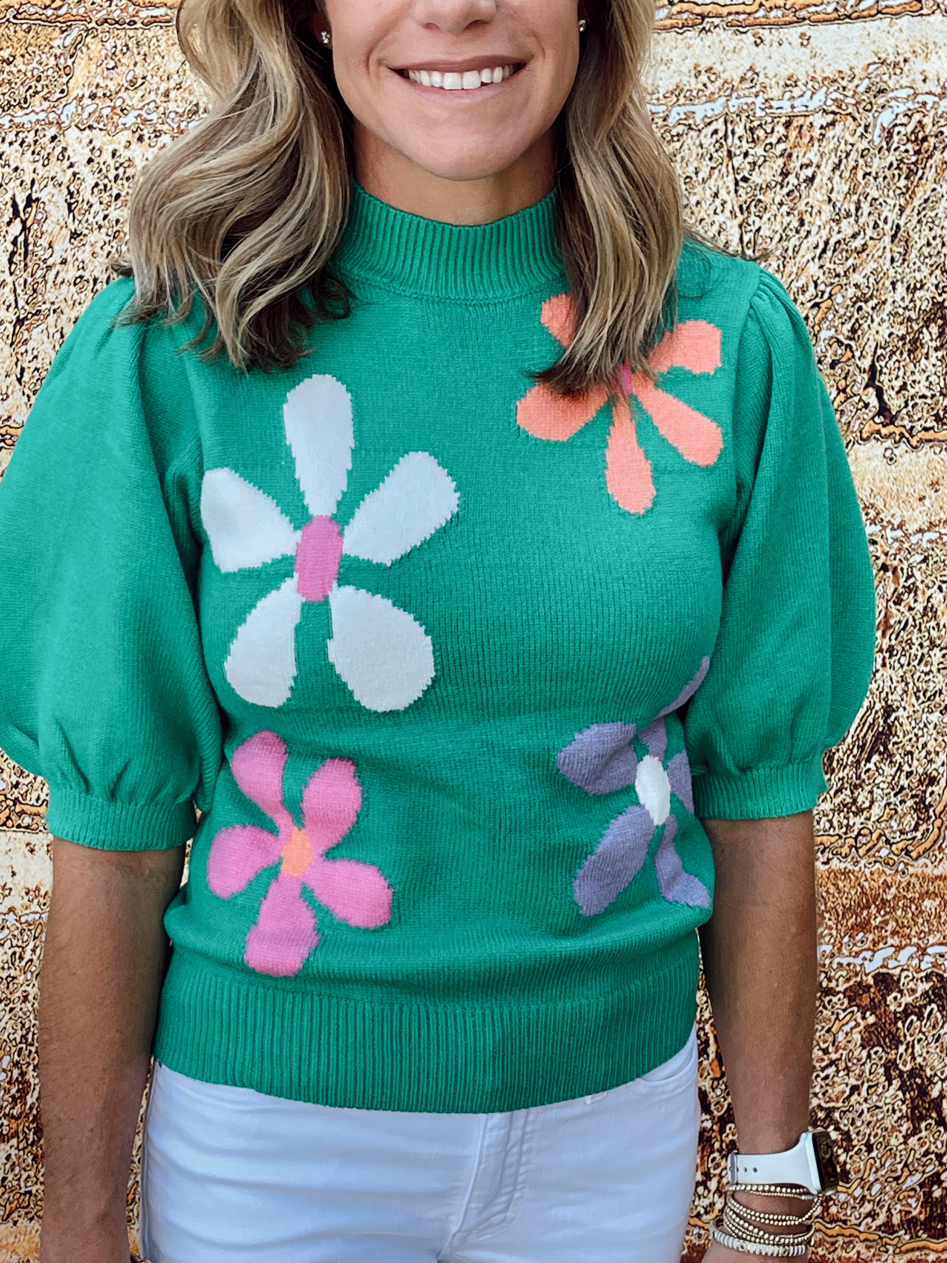 Laurel Flower Print Short Sleeve Sweater | Green