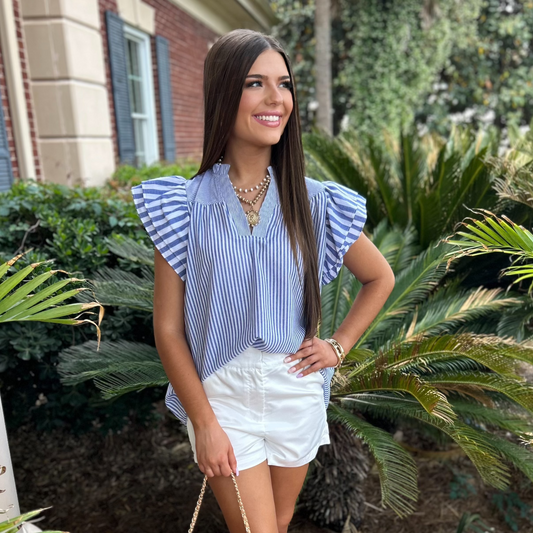 Becca Striped Ruffle Sleeve Top | Blue